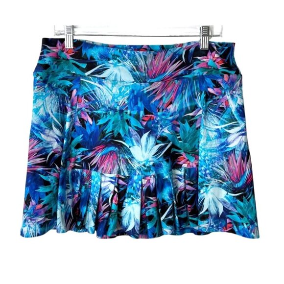 Dona Jo Pleated Flirty Tropical Print Blue Pink Skirt Pickleball Womens Size XL - Picture 1 of 6